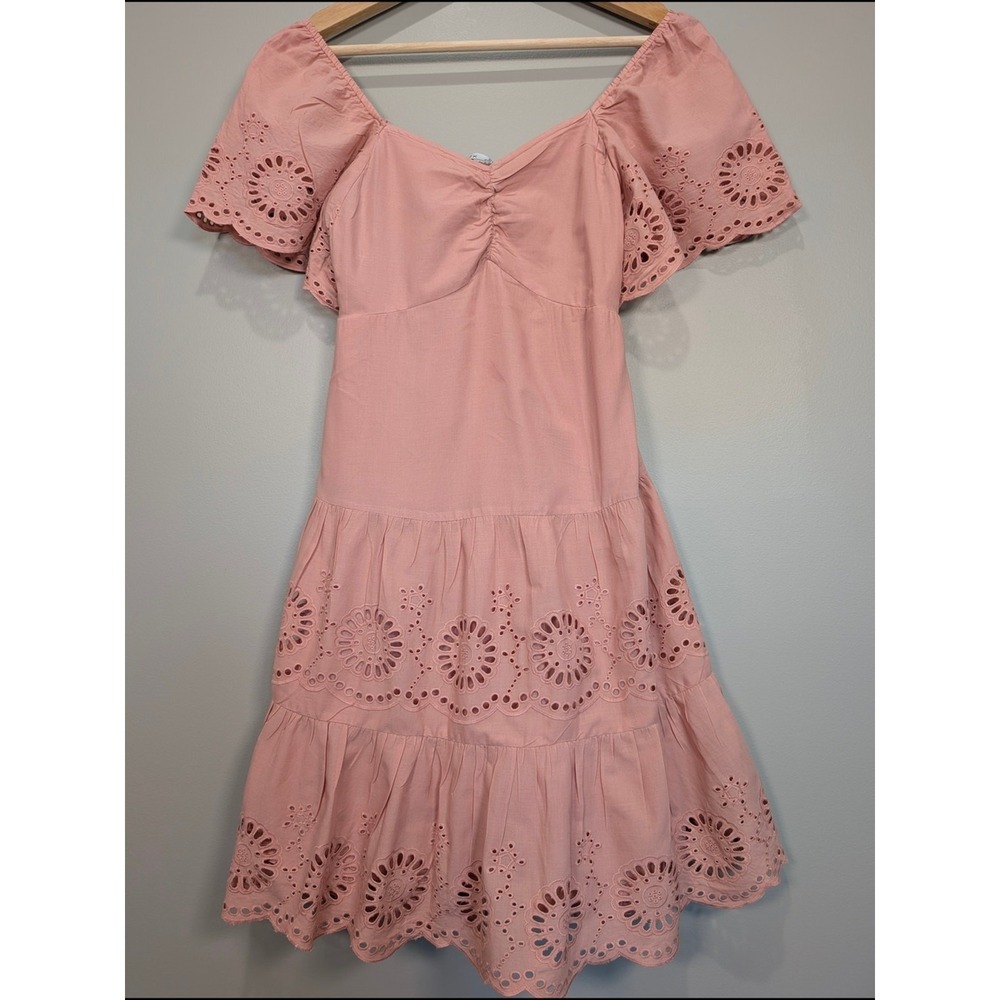 Dex Womens Pink Eyelet Tiered Mini Dress Smocked Back Sweetheart Neck Small